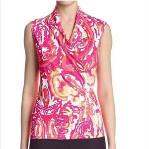 J. McLaughlin Faux Wrap Abstract Paisley Pink Yellow Sleeveless Top - m